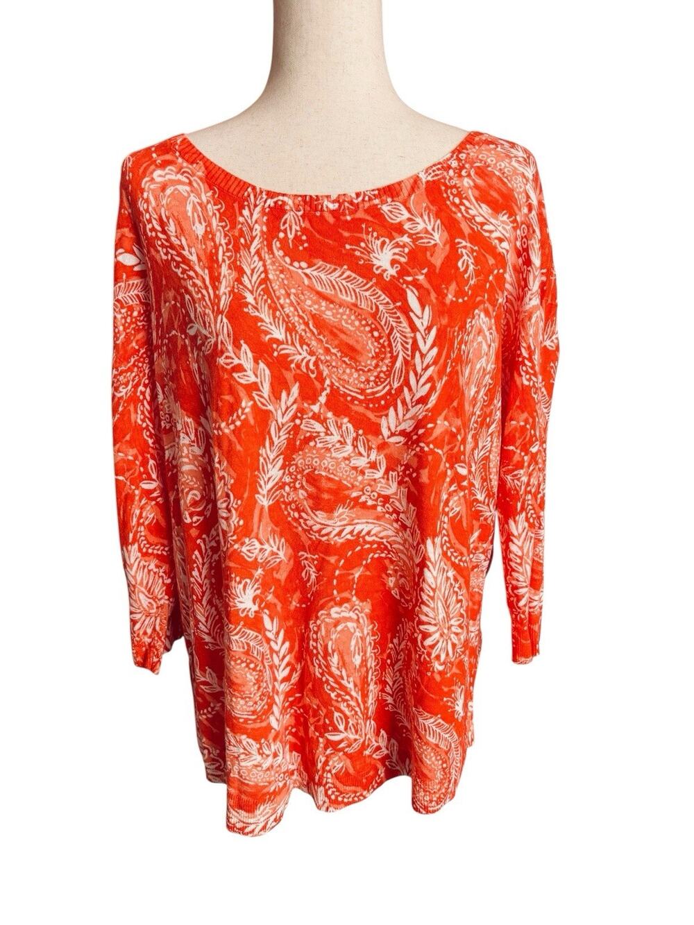 Talbots Size Large Sweater Lightweight Orange Paisley Floral 100% Cotton